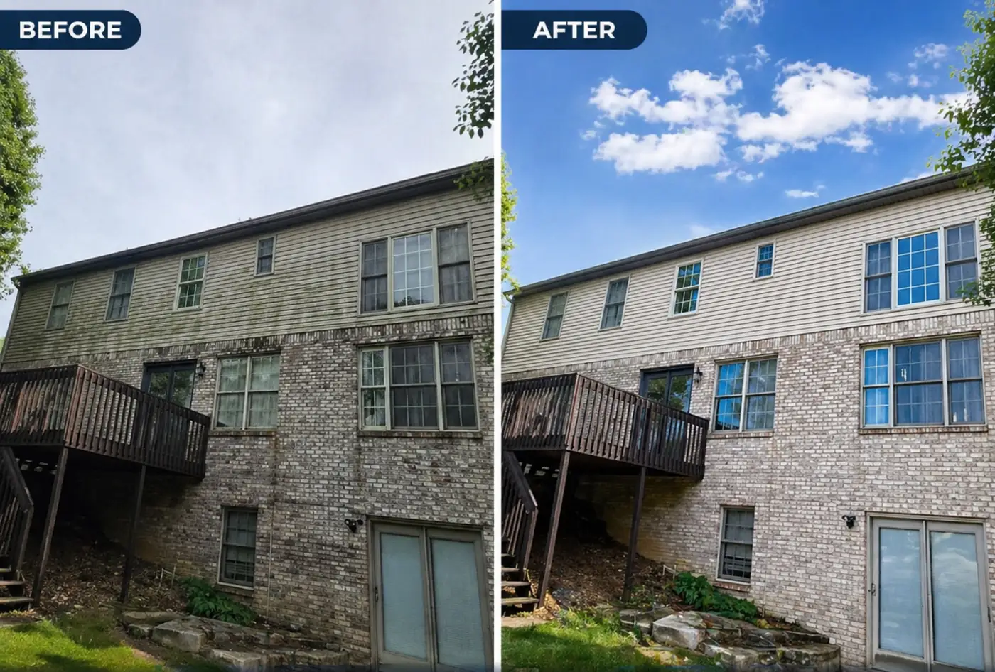 Brick and siding apartment wall before and after washing