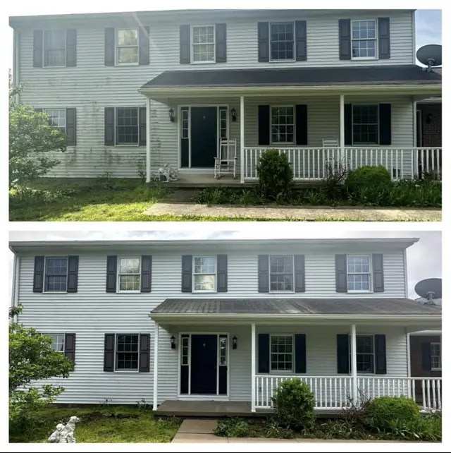 Front of a two-story house before and after a wash, stacked