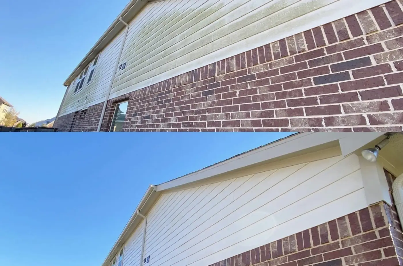 Siding and gutter line above brick, before and after cleaning, stacked