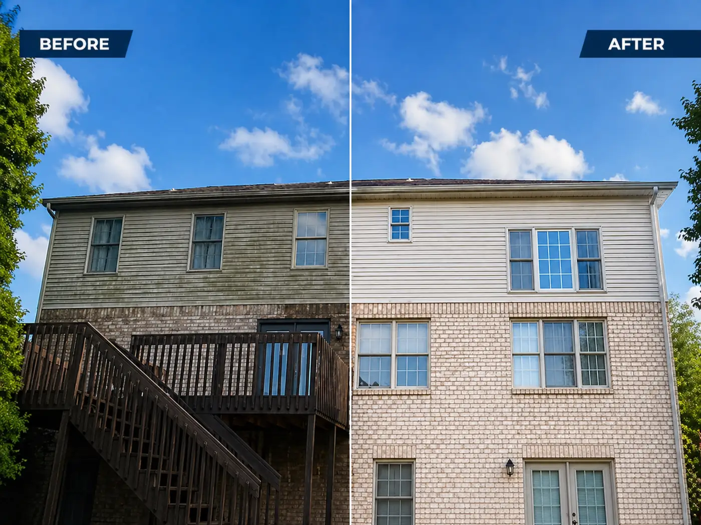 Back of a two-story house before and after a soft wash, side by side
