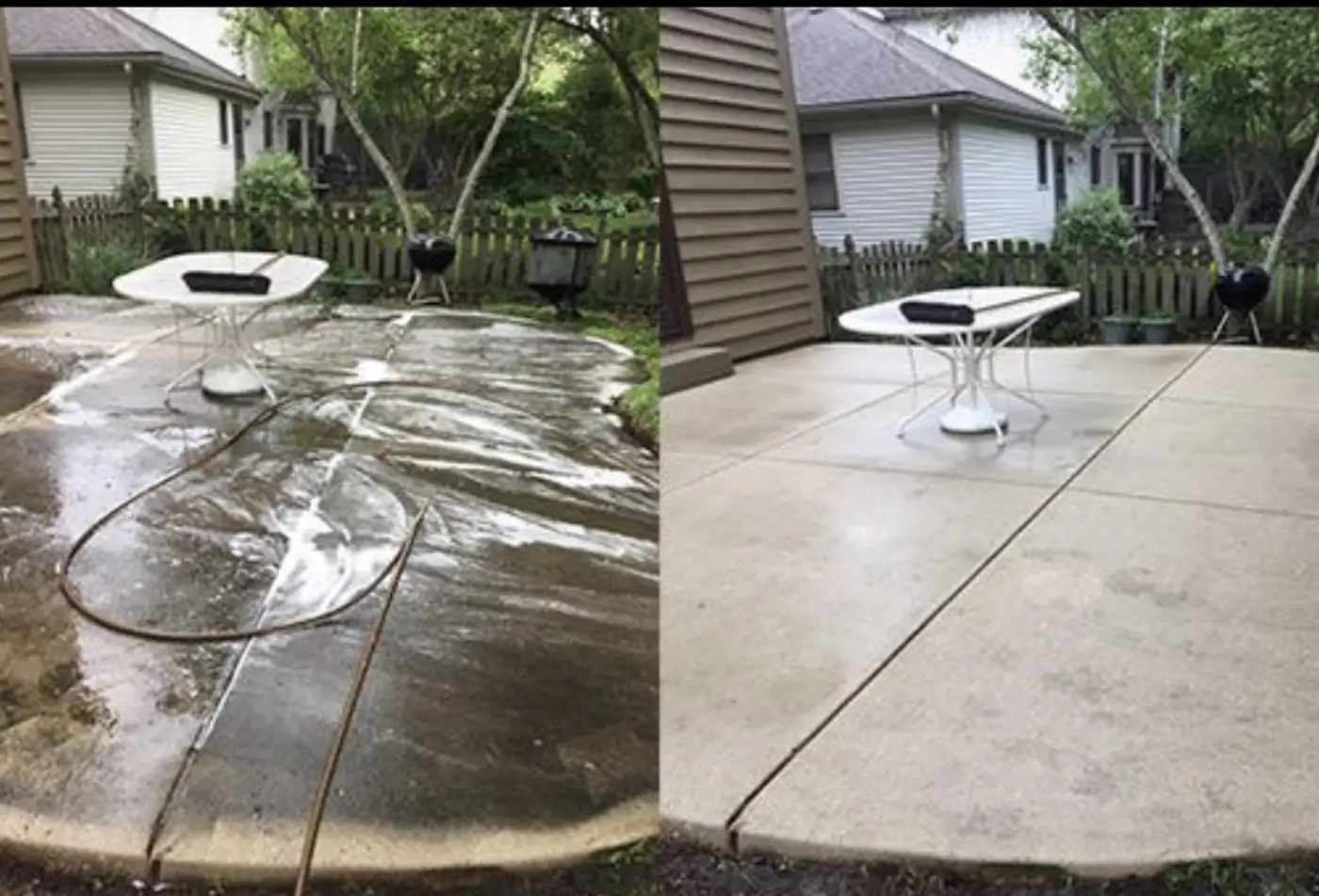 Back patio before and after cleaning, side by side