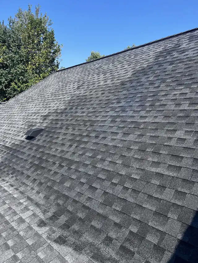 Asphalt shingle roof slope against a blue sky