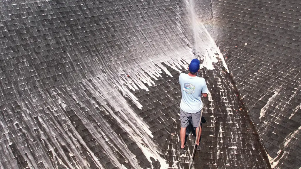 Crew member in a Revive shirt spraying cleaner on a dark, streaked shingle roof