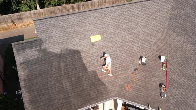 Three crew members working across a shingle roof, the treated area darker than the dry shingles