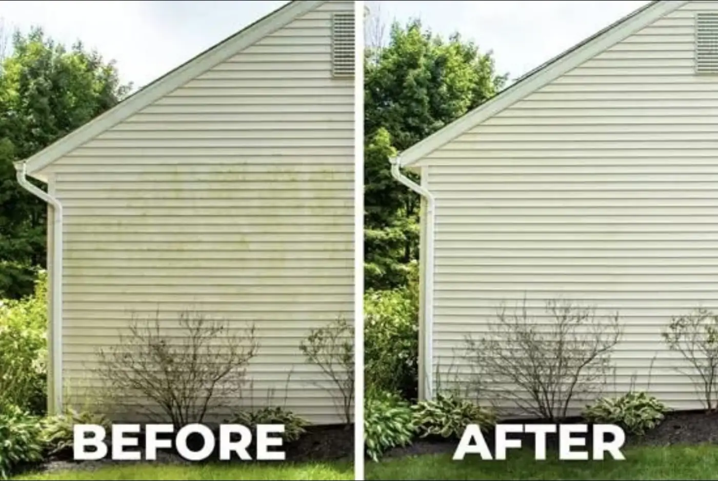 Vinyl siding gable before and after washing, side by side