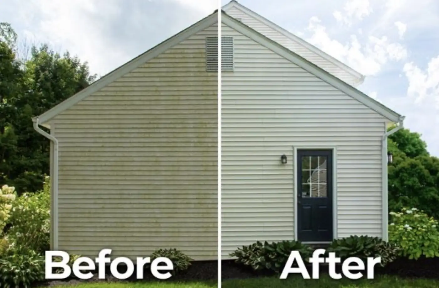 Green-stained vinyl siding before and after a wash, side by side