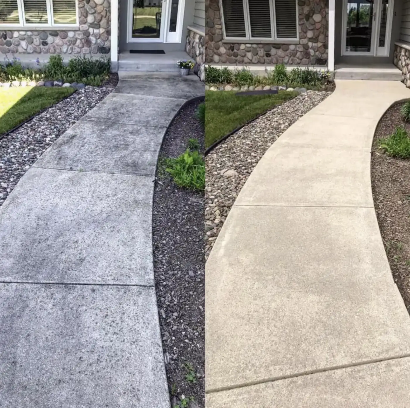 Front walkway before and after cleaning, side by side
